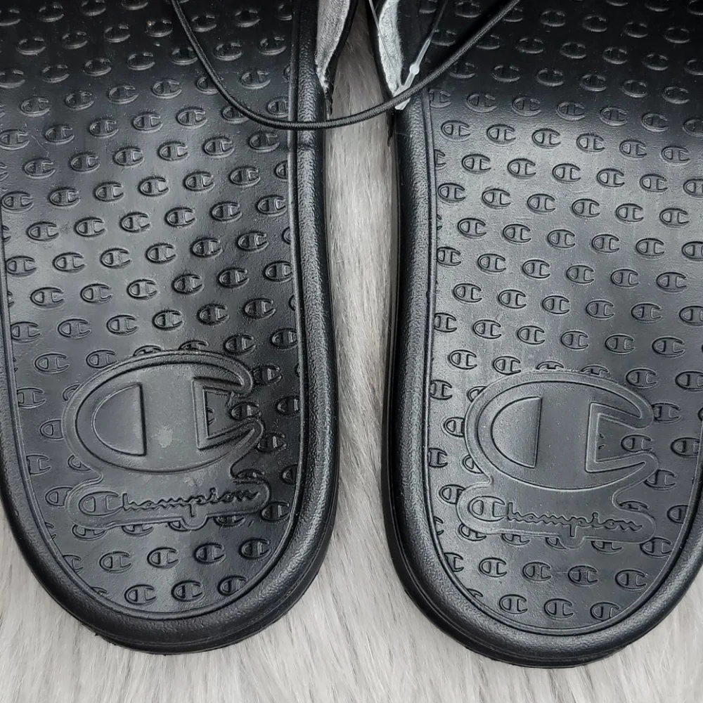 Champion Super Slide Split Script Logo Black Red Flip Flops